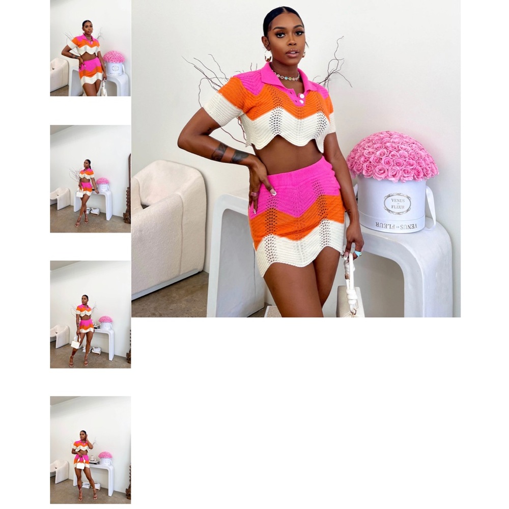 2 piece tri colored knit skirt set